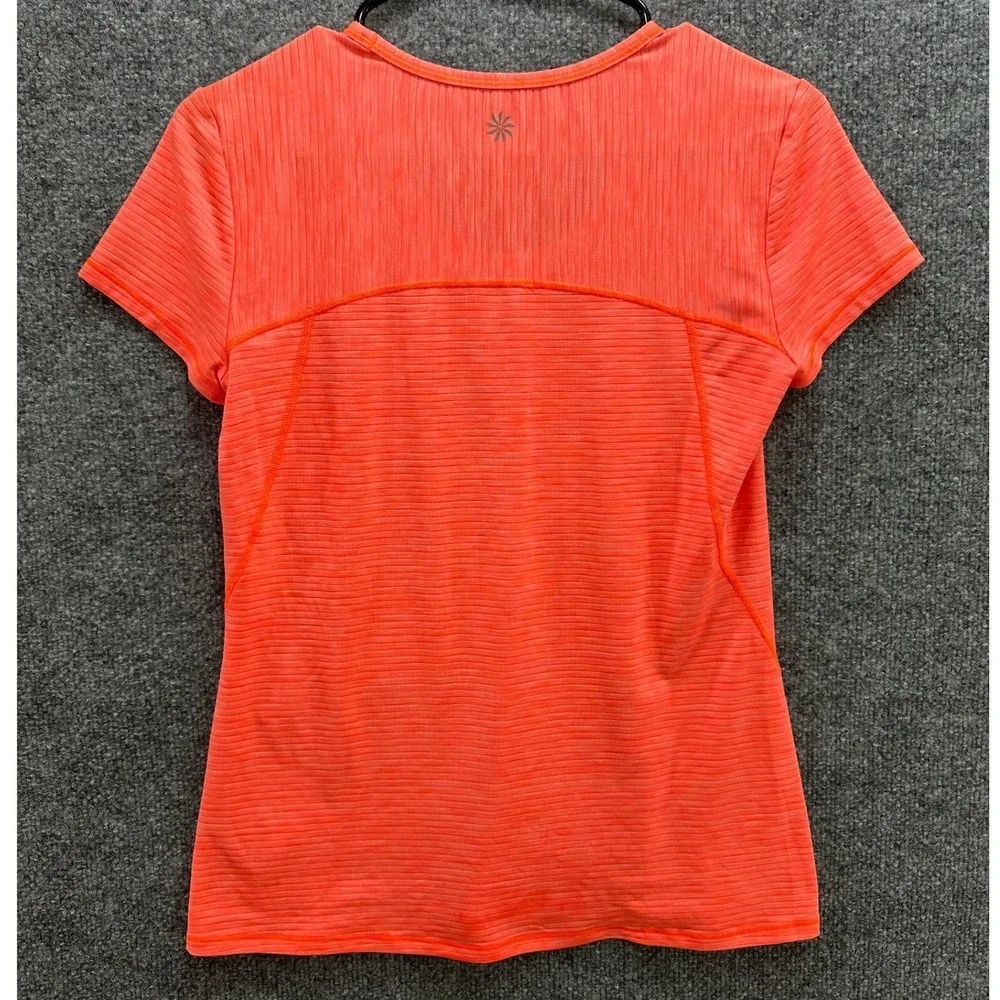 Athleta Womens Neon Coral Orange Ribbed Asymmetrical Hem Short Sleeve Tee Top, S - Picture 4 of 9
